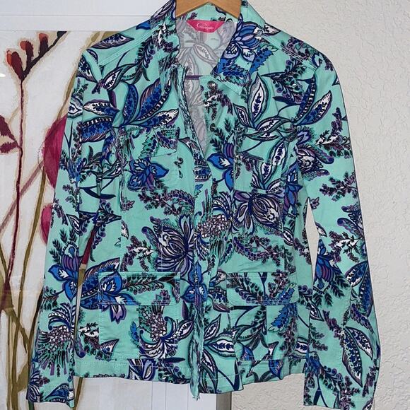 NEW Pappagallo Aqua Blue Floral Snap Front Jacket Nautical Coastal Vacation - Picture 1 of 6